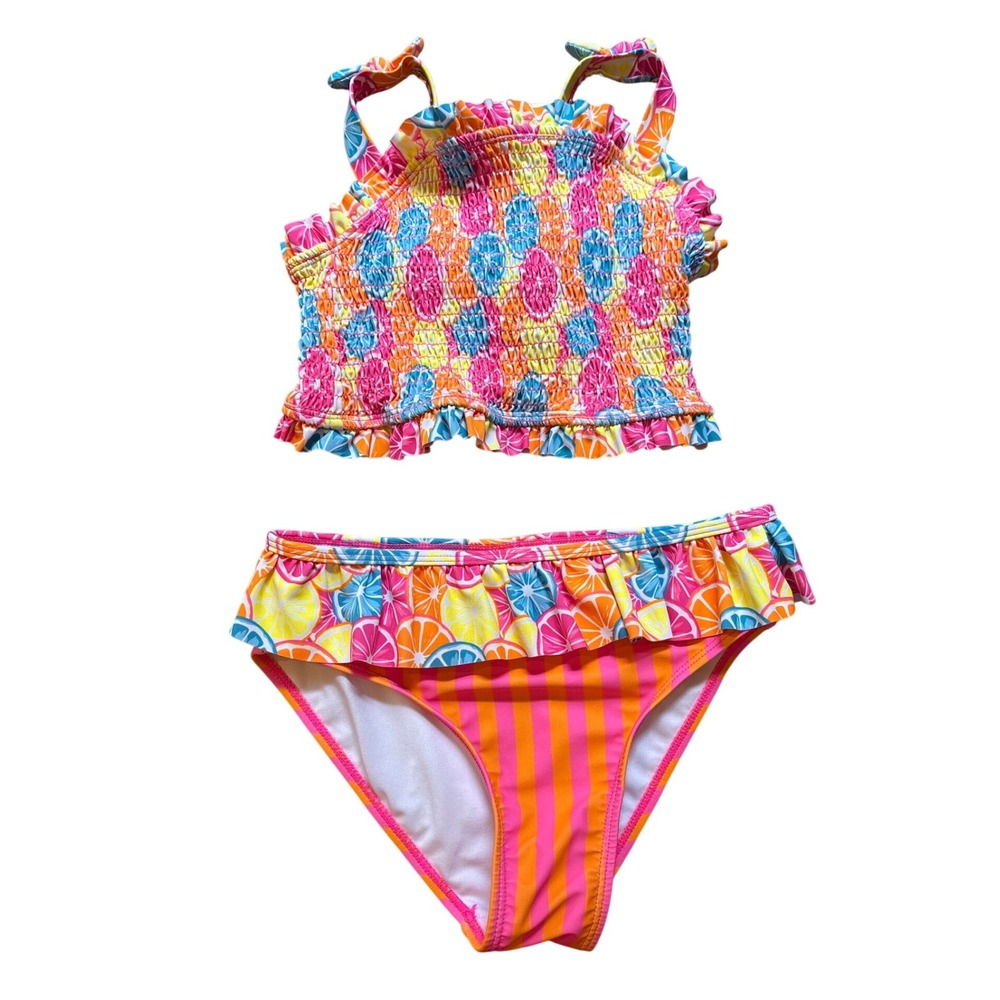 Betsey‎ Johnson Swimsuit Kids Pink Citrus Fruit Smocked Ruffle Bikini SIZE 14